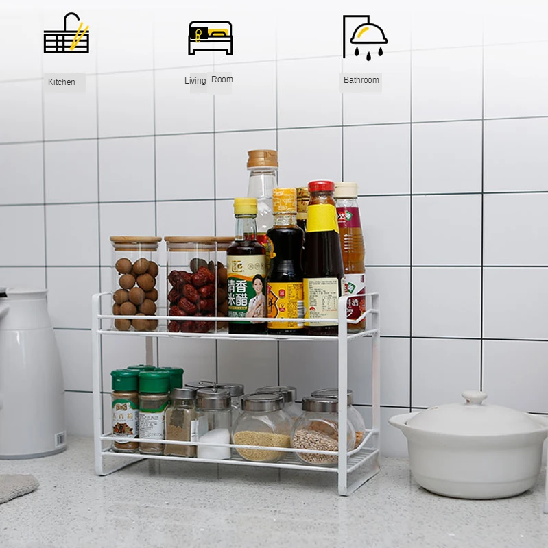 Double Layer Metal Kitchen Shelf Corner Countertop Spice Storage Rack Tool