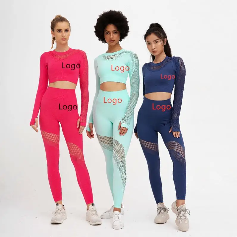 
Long sleeve mesh yoga gym set 2020 Hot Selling top mesh Gym Woman Fitness Yoga Wear 
