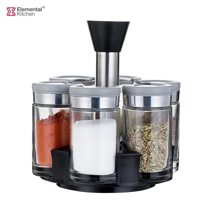 stainless steel rotating glass salt shaker spice jar dispenser set