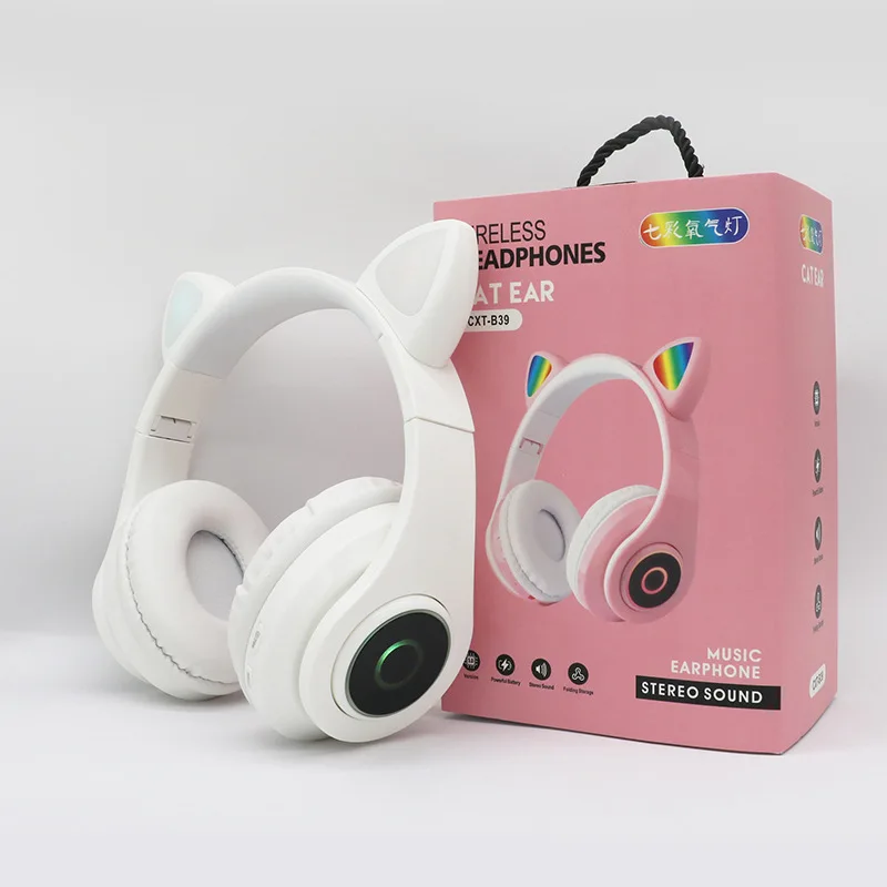 B39 Wireless headphones children MP3 player with LED colorful breathing lights cat ears with microphone headset