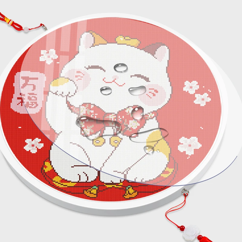 
Needle and thread printed cross stitch, round photo frame diamond painting Lucky Kitten diy cross stitch kit 