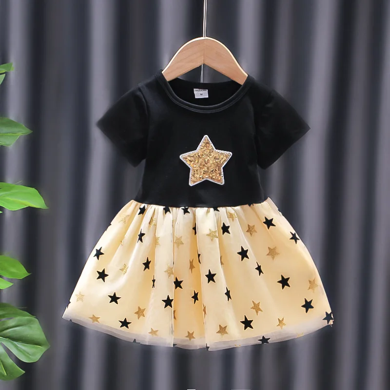 Summer Short Sleeve Star Sequined Baby Girls Frock Princess Party Dresses for Kids Girls