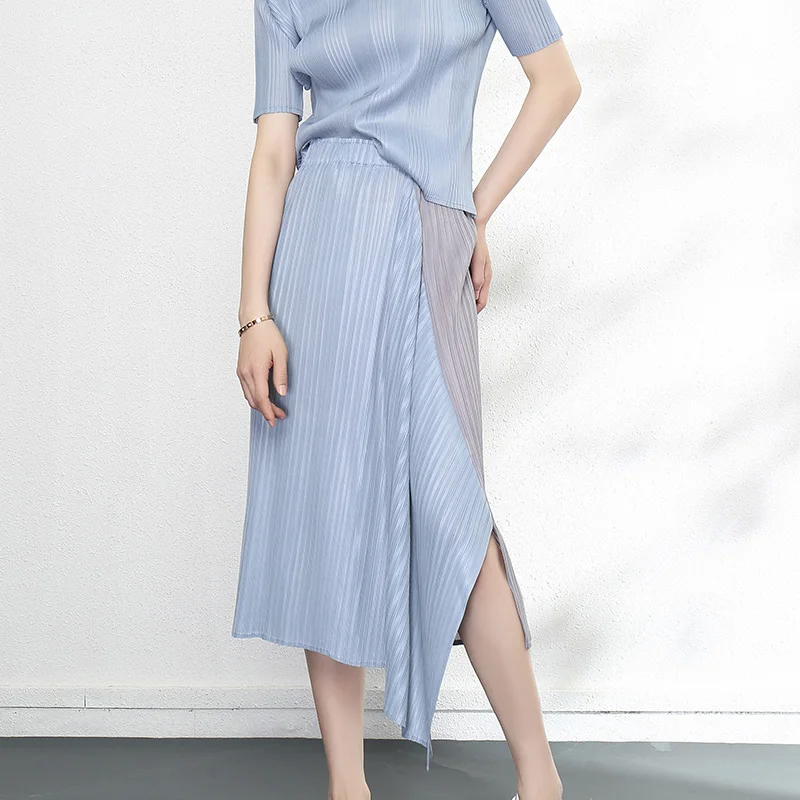 New polyester fabric two-color stitching slit irregular pleatedskirt