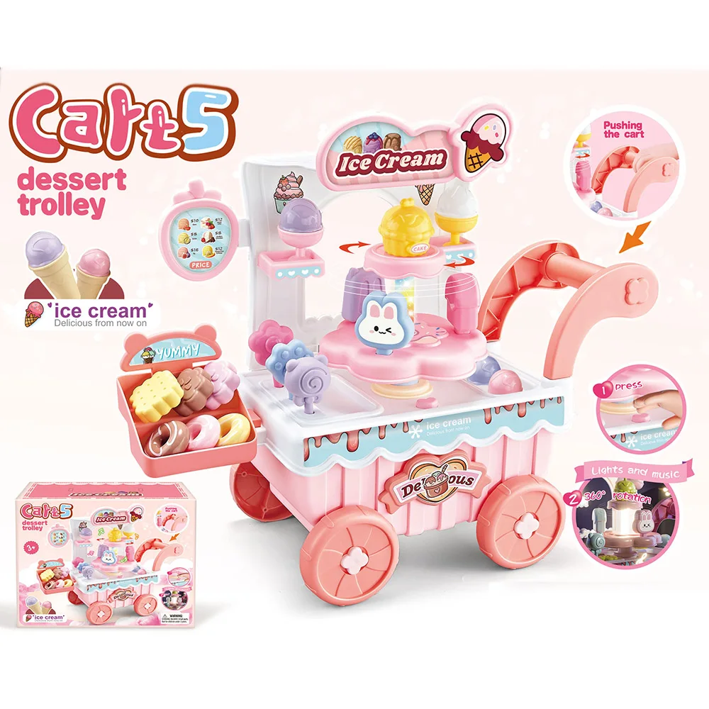 XST Children Pretend Play Toys Sound & Light Rotating Ice Cream Cart Trolley Toys Gifts Electric Music Ice Cream Cart Toys
