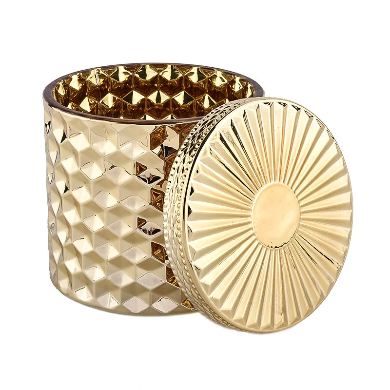 Diamond Glass Candle Jar GEO Cut Glass Candle Vessel Gold Glass Candle Holder With Lids