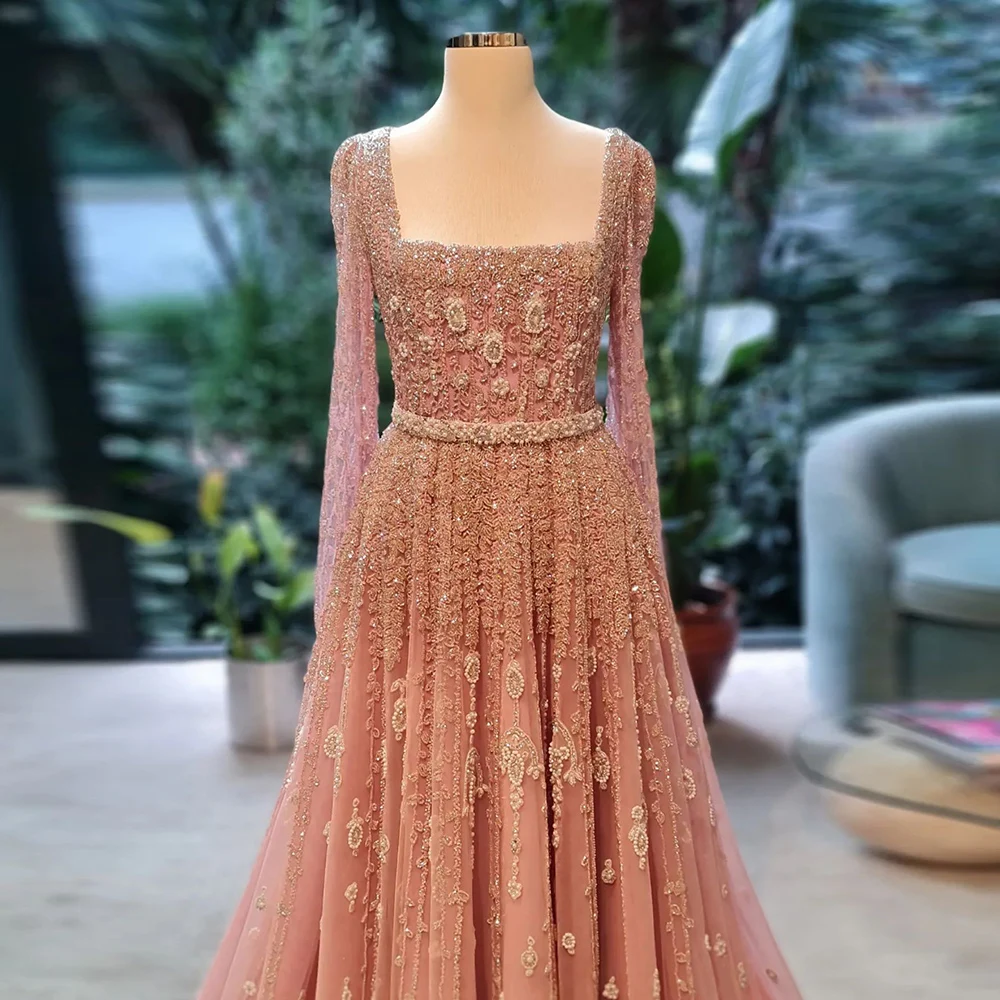 Nude Pink Square Collar 2024 Luxury Dubai Evening Dress With Cape Sleeves Blue Arabic Women Wedding Party Gown Scz032-1