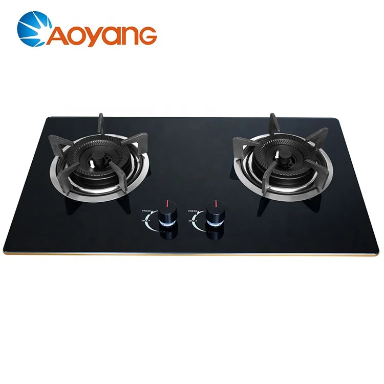 Home Use Kitchen Appliances Built In Gas Hob Blue Flame LPG 2 Burner Glass Top Gas Stove