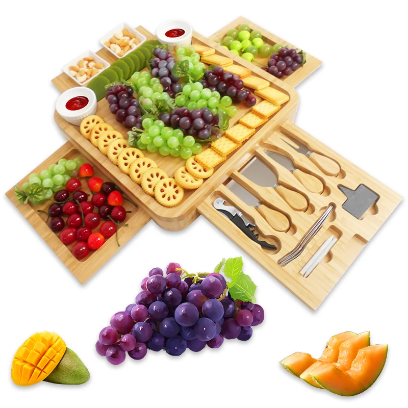 Bamboo Wood Charcuterie Magnetic 4 Slide-Out Drawers Cheese Board Set With Ceramic Bowls And Cutlery Knife