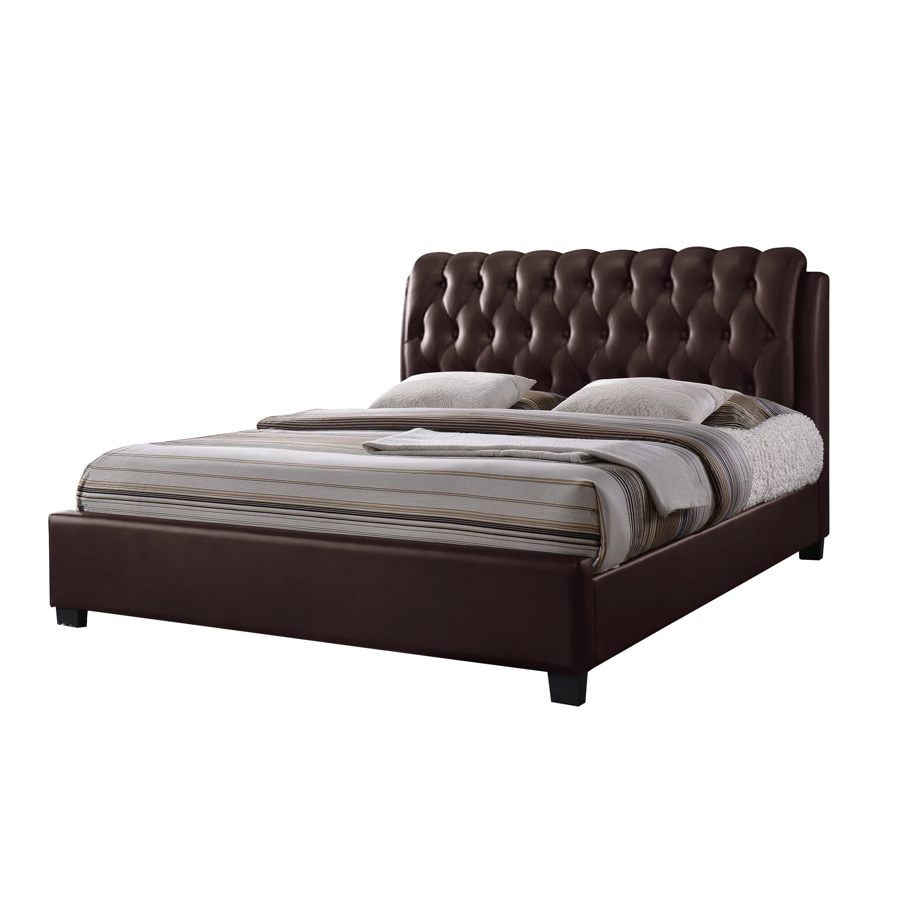 Best Selling Bedroom Furniture Premium Quality Upholstered Bed  Buttons Design In PVC Material Natural Brown Twin Size Bed