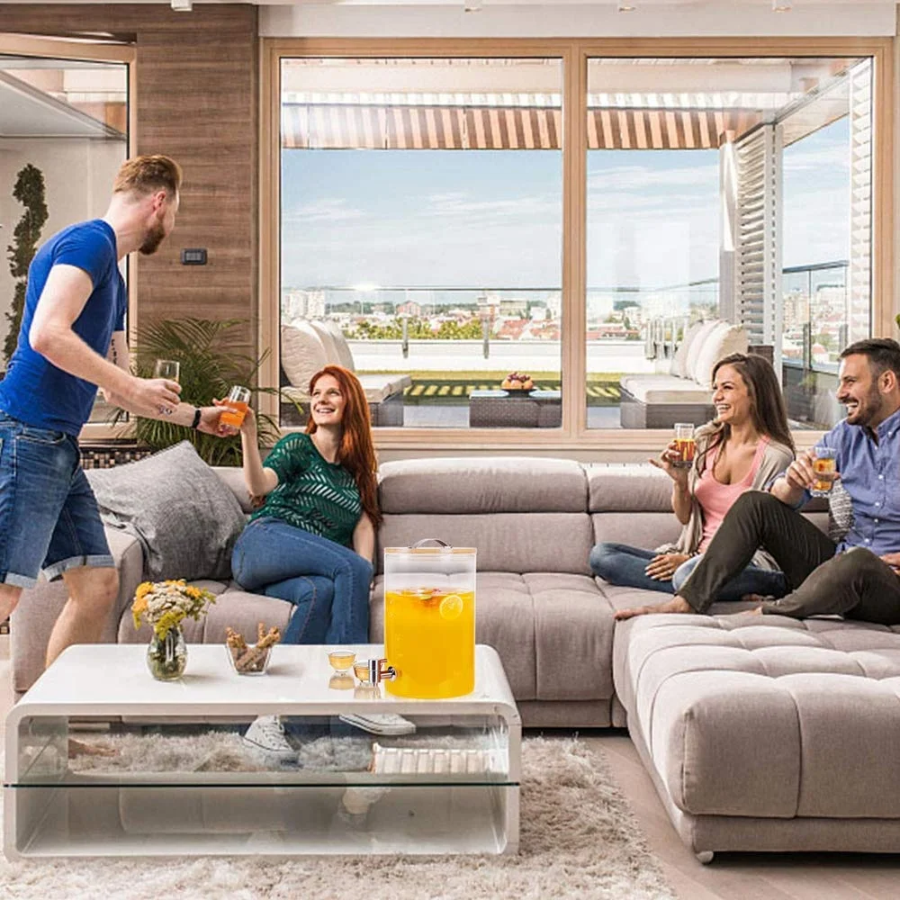 Borosilicate Glass Drink Dispenser on Wooden Stand with Airtight Bamboo Lid and Stainless Steel Spigot