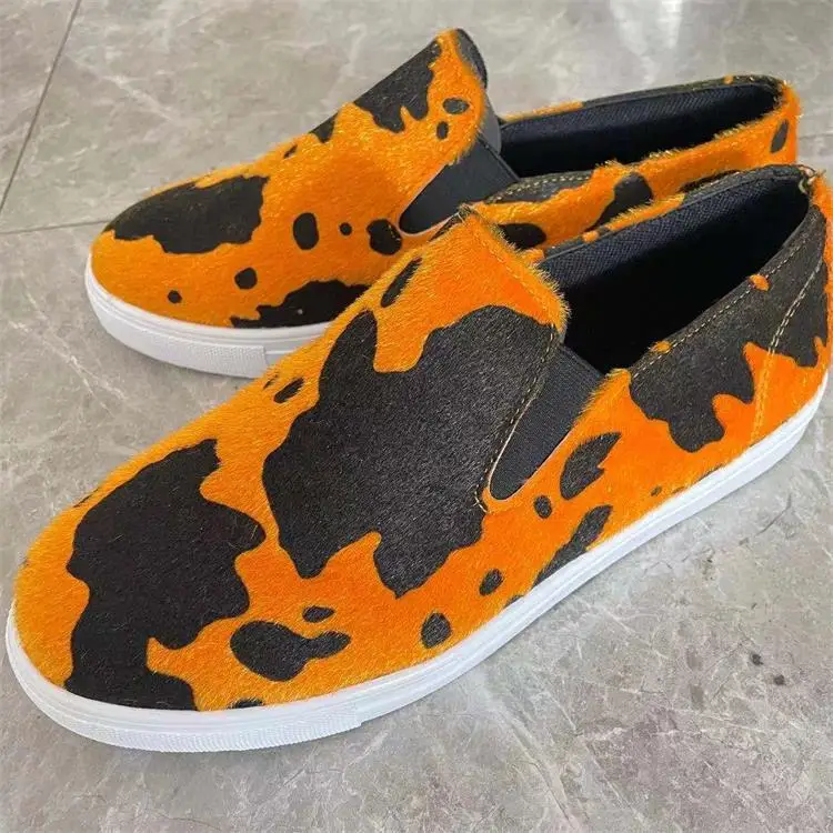 Cow print faux suede autumn new fashion slip on women flats shoes round toe lady casual loafers plus size penny