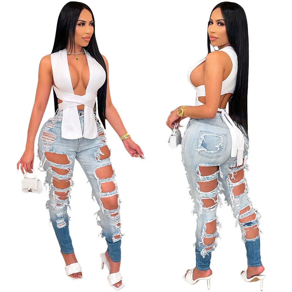 New design stretchy skinny middle waist women ripped jeans scrunch distress women denim jeans