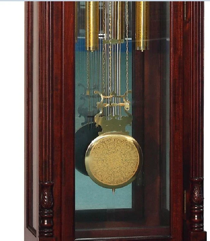 Cherry finish on select hardwoods and veneers, heavily distressed with light and deep dents Grandfather Floor Clock