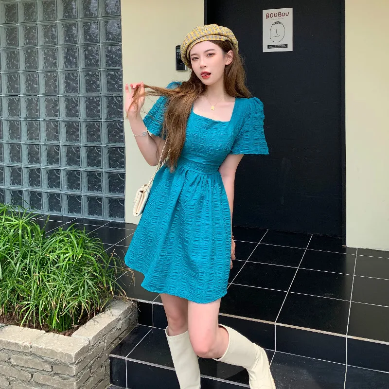 
dresses women casual retro high waist thin open back lace square neck puff sleeve dress women 