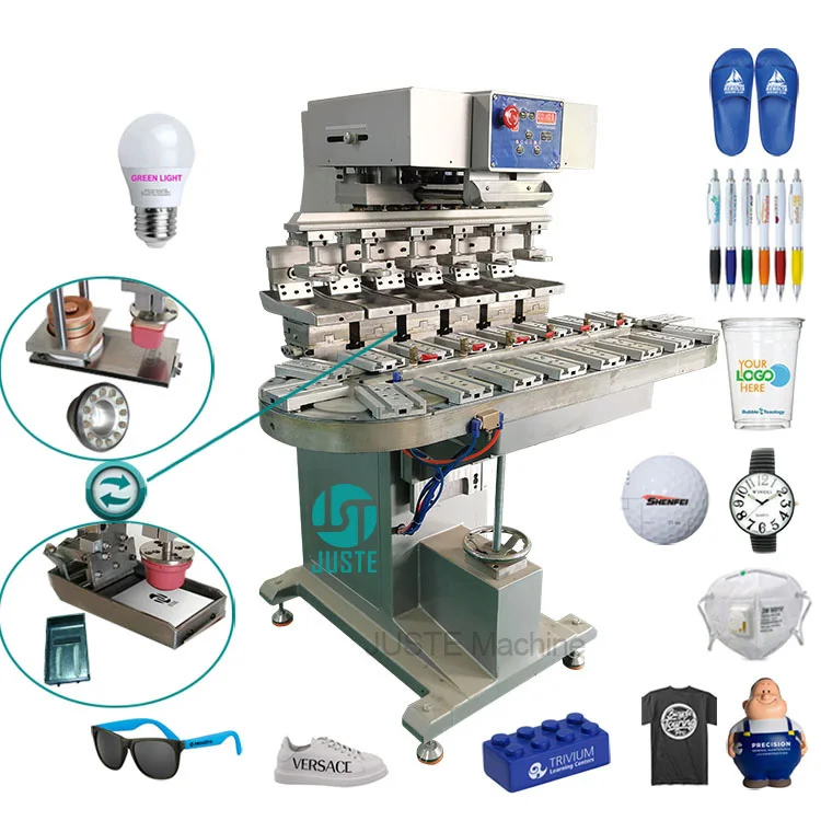 6 Color Conveyor Dongguan Pad Printer Round Metal Tray Spd Printing Machine for Watch Dial Balloons Cube Plastic Frying Pan