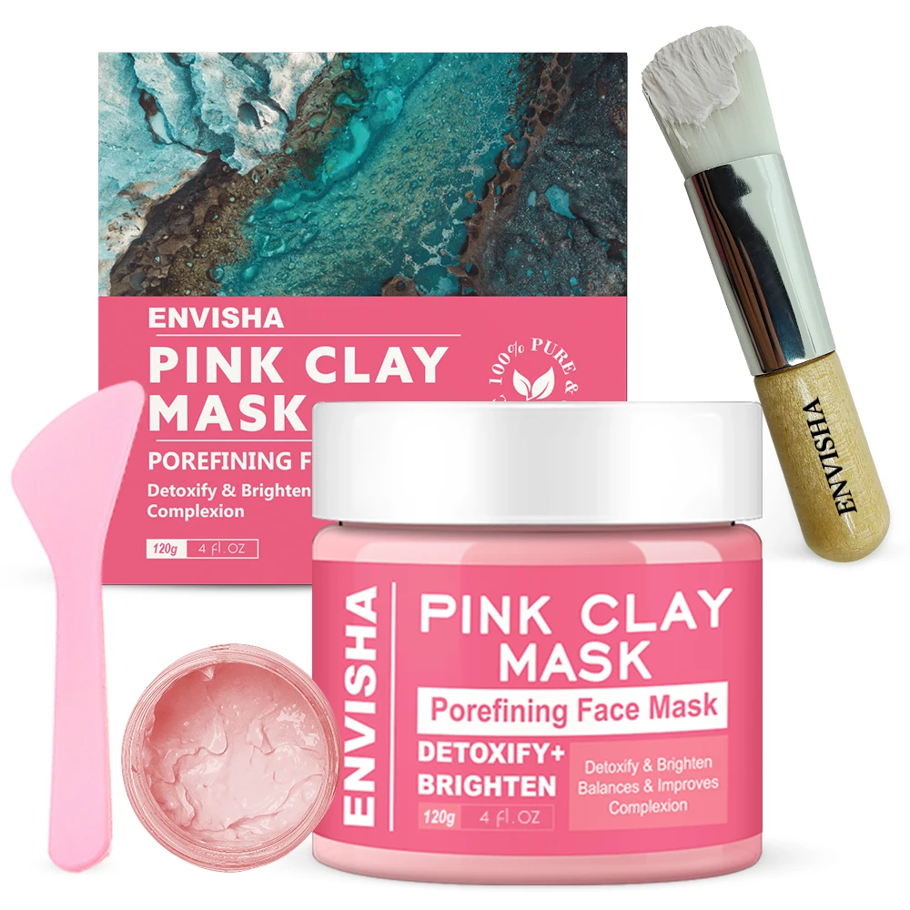 Free brush beauty organic whitening private label face & body mud mask facial kaolin pink clay mask (1600117417209)