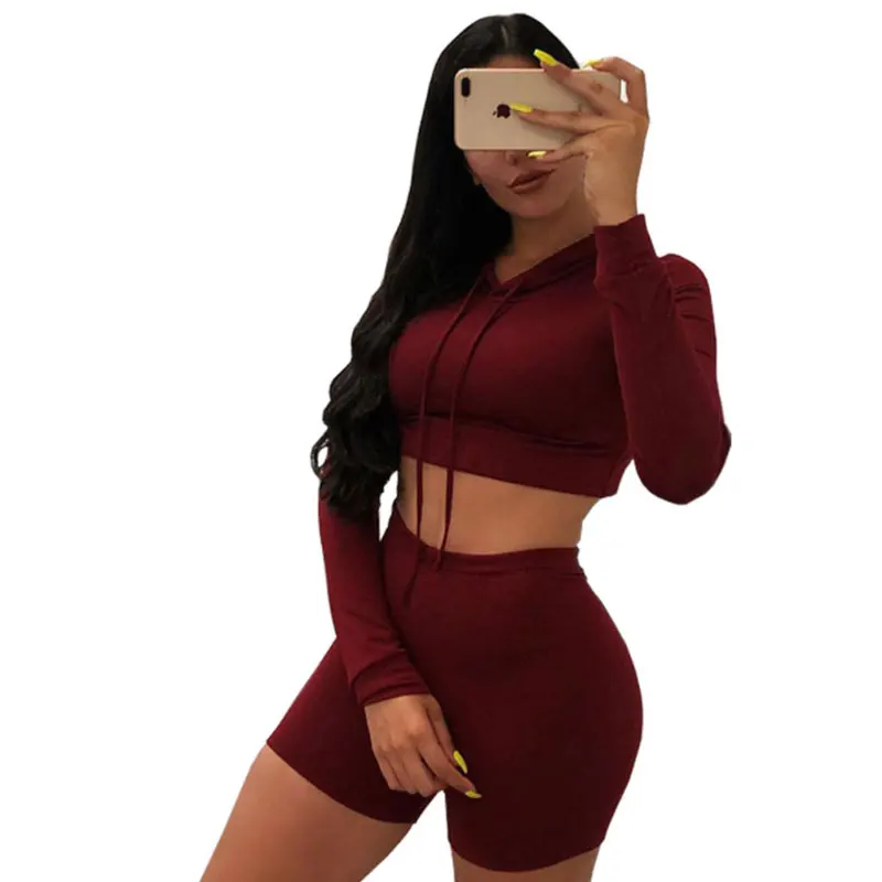 Promotional custom oem woman two piece cropped hoodie short set women clothing