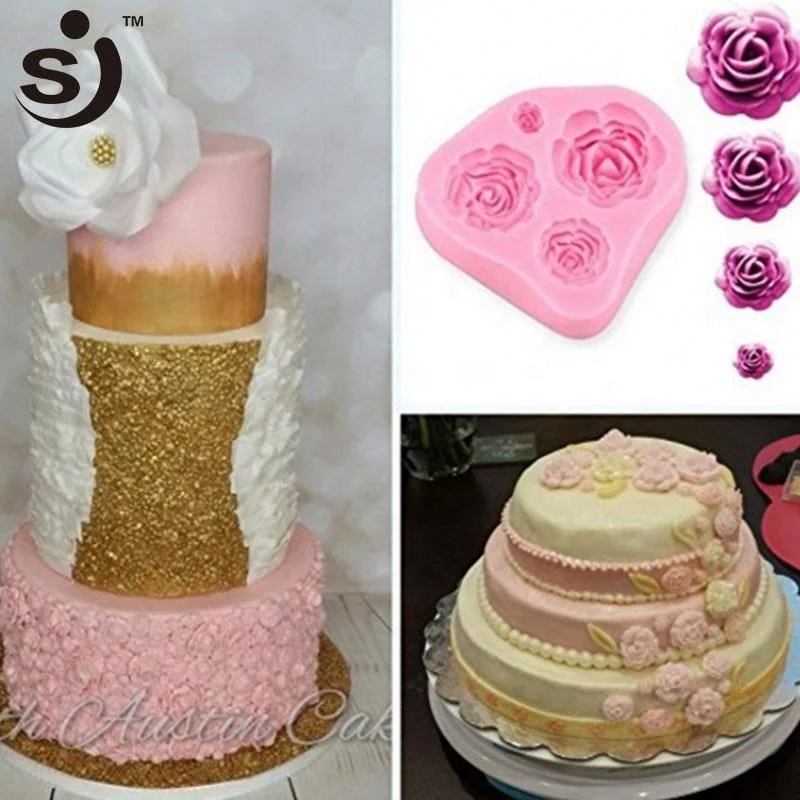 Amazon Hot Sale 4 Size Roses Flower Silicone Cake Mould Chocolate Sugarcraft Decorating Fondant Tools