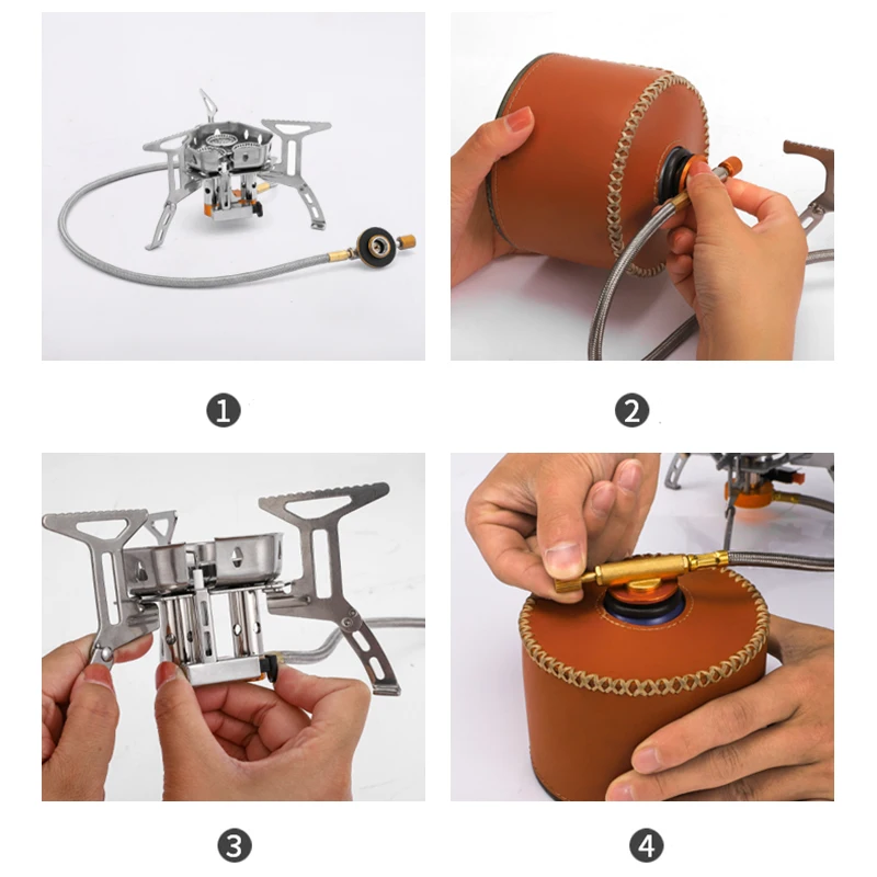 Portable Three-Head Stainless Steel Camping Gas Stove Windproof Mini Backpacking Burning Stove Travel Picnics Manual Iron Butane