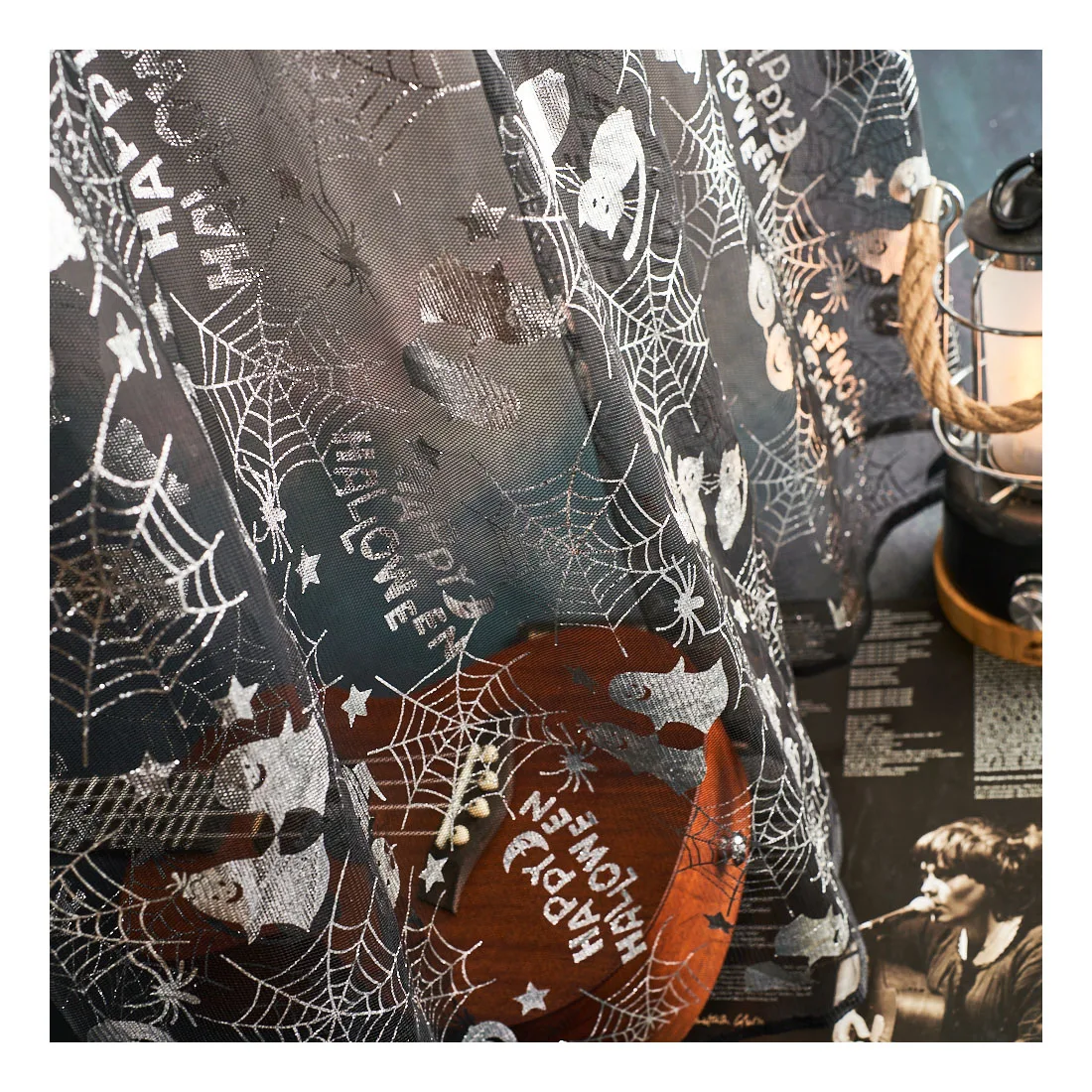 Украшение для Хэллоуина из полиэстера, мягкое горячее тиснение, серебряная тыква, призрачный принт, фольга, тюль, сетчатая ткань