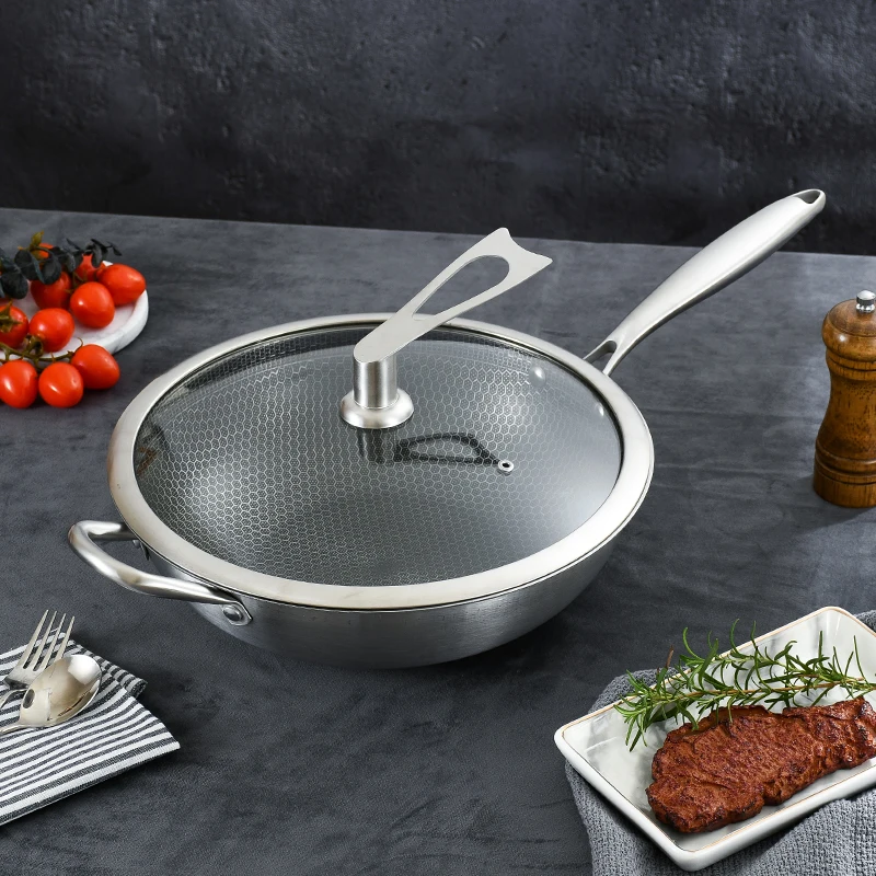 
Hot sales high quality stainless steel honeycomb non stick coating cookware frying pan tri-ply pan with lid and handle 