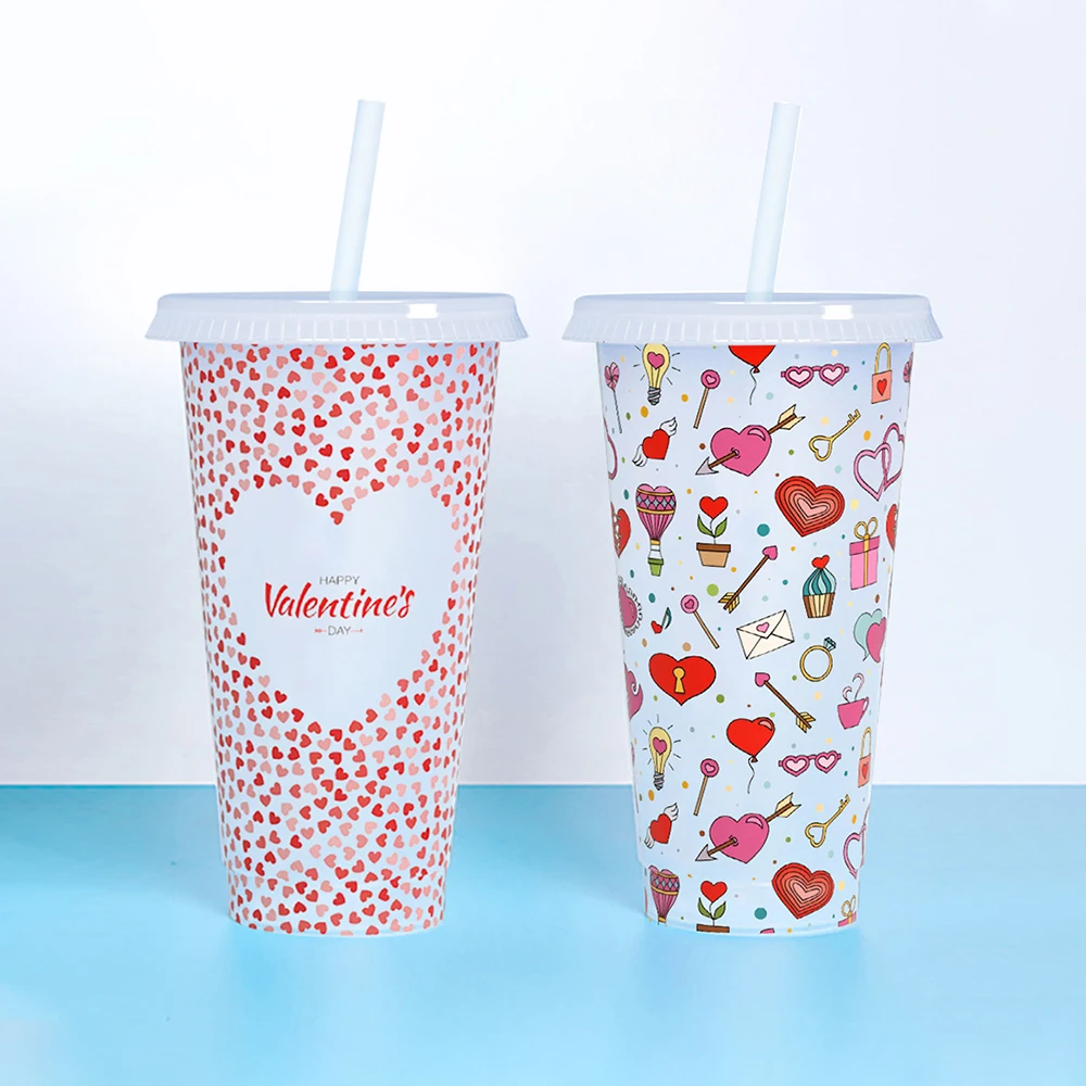 Подарок на день Святого Валентина, для взрослых, розовые, оптом, для детей, маленькие пластиковые, меняющие цвет многоразовые чашки с крышкой и соломинкой 24 унции