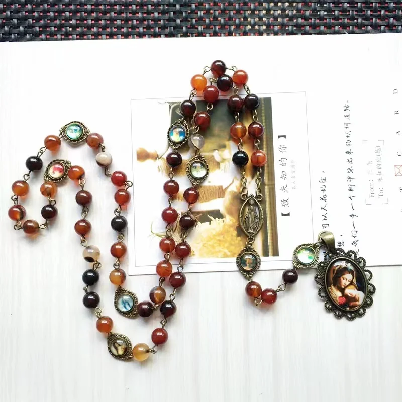Religious Glass Agate Stone Beads Rosary Seven Bitter Rosary Men and Women Religious Pendant Necklace