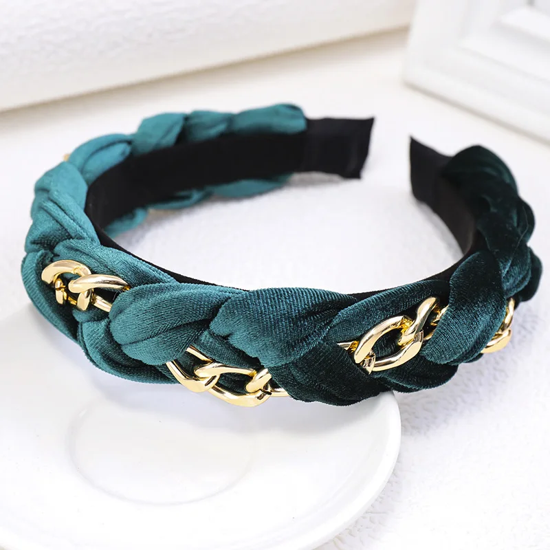 Autumn Winter Twist Braid Hair Band Wide Brimmed Golden Velvet Metal Chain Headband