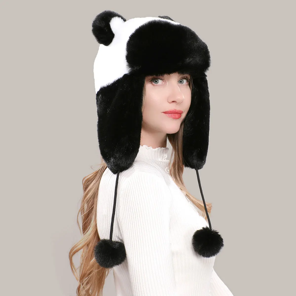 New Style Faux Fur Earmuffs Lei Feng Hat Ladies Winter Ski Windproof And Warm Artificial Rabbit Fur Cartoon Cat Ears Pilot Hat