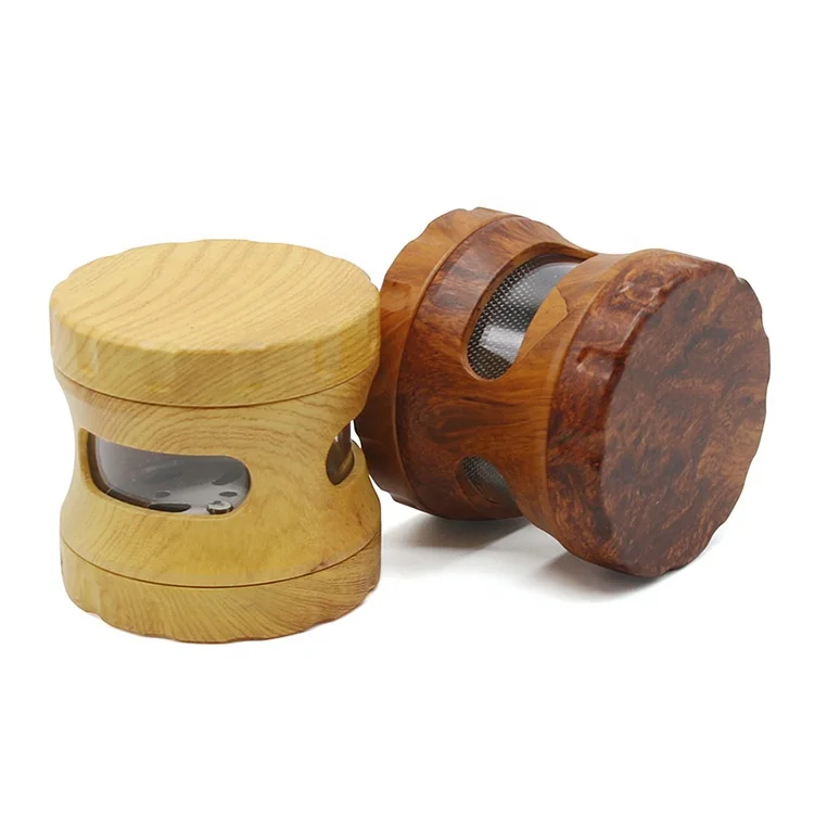 China Factory Price Custom Logo Zinc Alloy Teeth 63mm 4-piece Tobacco Herb Wooden Grinder with 3 Side Windows