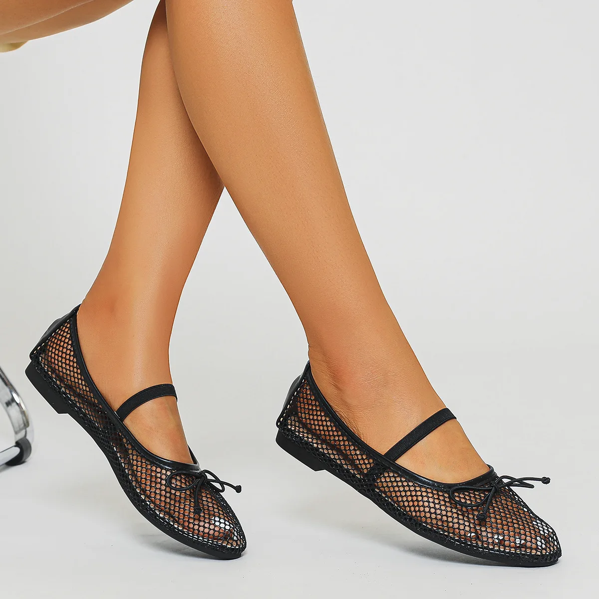 BUSY GIRL S4488 hot selling products 2024 flat mesh sandals round toe big size 13 custom stretch strap bow flats ballet shoes