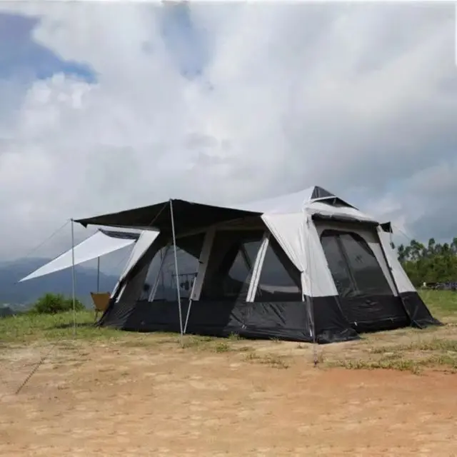 high quality Outdoor Automatic Aluminum Waterproof black coated 2 room 1 Living Room Big Family Camping Tent for 8 10 12 Person