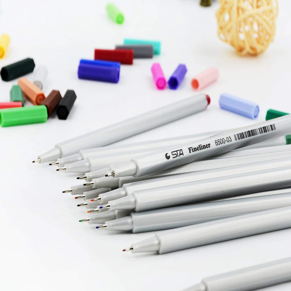 STA Fineliner Art Marker Pens Permanent Water Color Liner NO.6500 for Students with Flat Brush Tip for Paper Writing