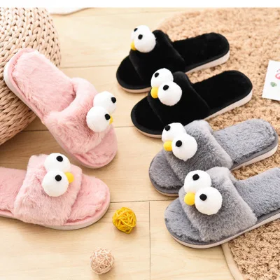 Теплые детские тапочки с забавными большими глазами, зимняя пушистая мягкая детская обувь