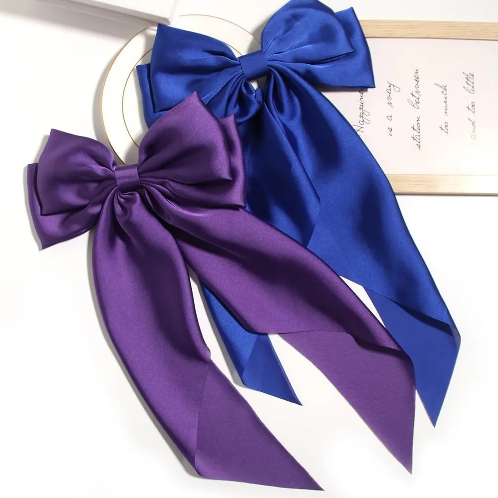 Purple Blue Satin Bow Hair Clip Big Girls Bowknot Barrettes Metal Clips Long Ribbon Hairpin Hair Clip for Women