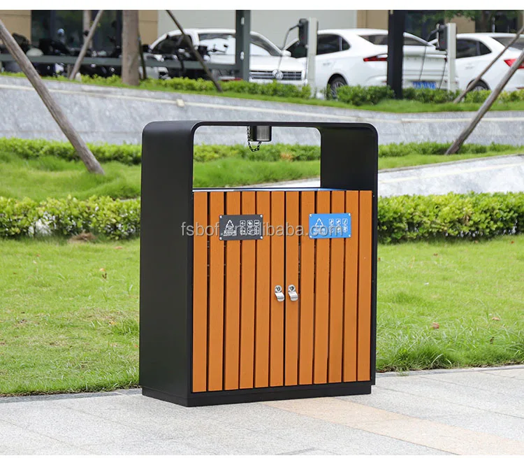 outdoor commercial wood and metal trash can outside garden large dustbin street ash-bin garbage can stand fancy garbage cans