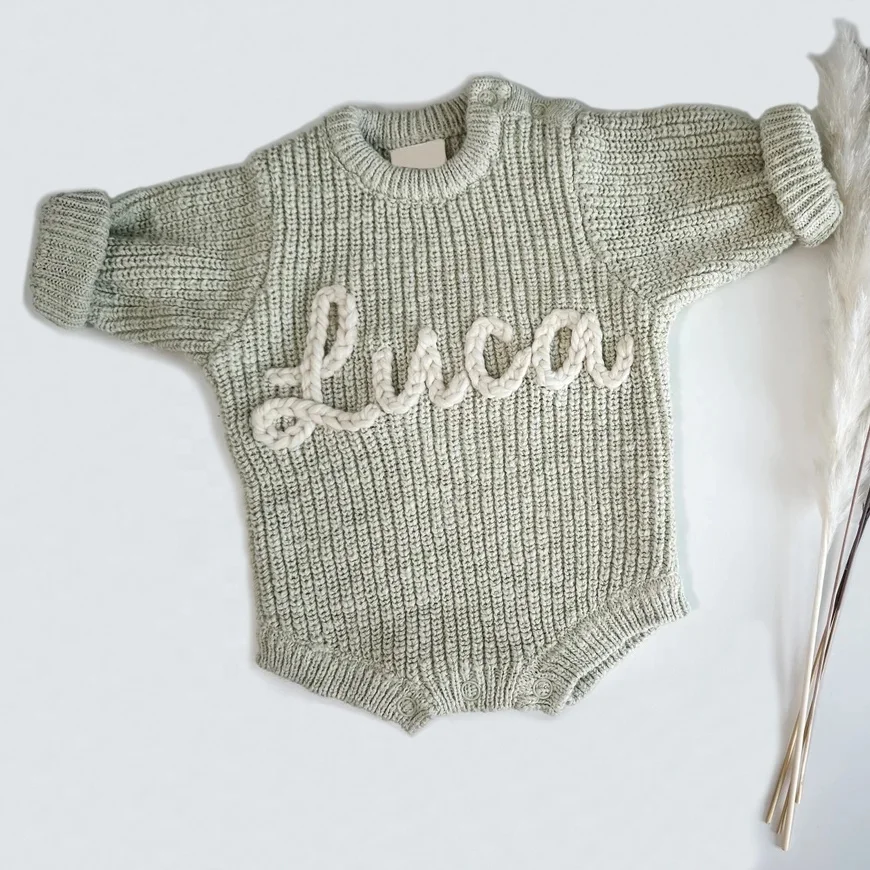 New Arrival 100% Cotton Custom Embroidery Name Kids Baby Knit Sweater Romper