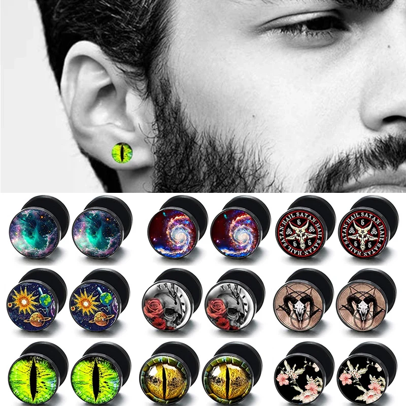 Fashion 10mm Stud Earrings for Men Women Black Skull Ear Stud Barbell Piercing Fake Ear Plugs Punk Earring