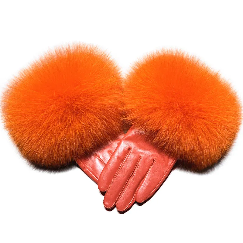 
High Quality Fox Fur Finger Gloves Warm Winter Genuine Leather Driver Gloves /Sheep Skin Ladies Leather Gloves 