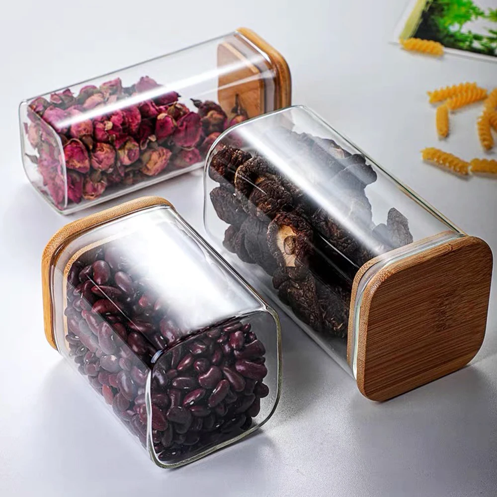 High Borosilicate Square Glass Spice Jar Bamboo Lid Kitchen Glass Container Spaghetti Beans Nuts Storage Food Use Custom Logo