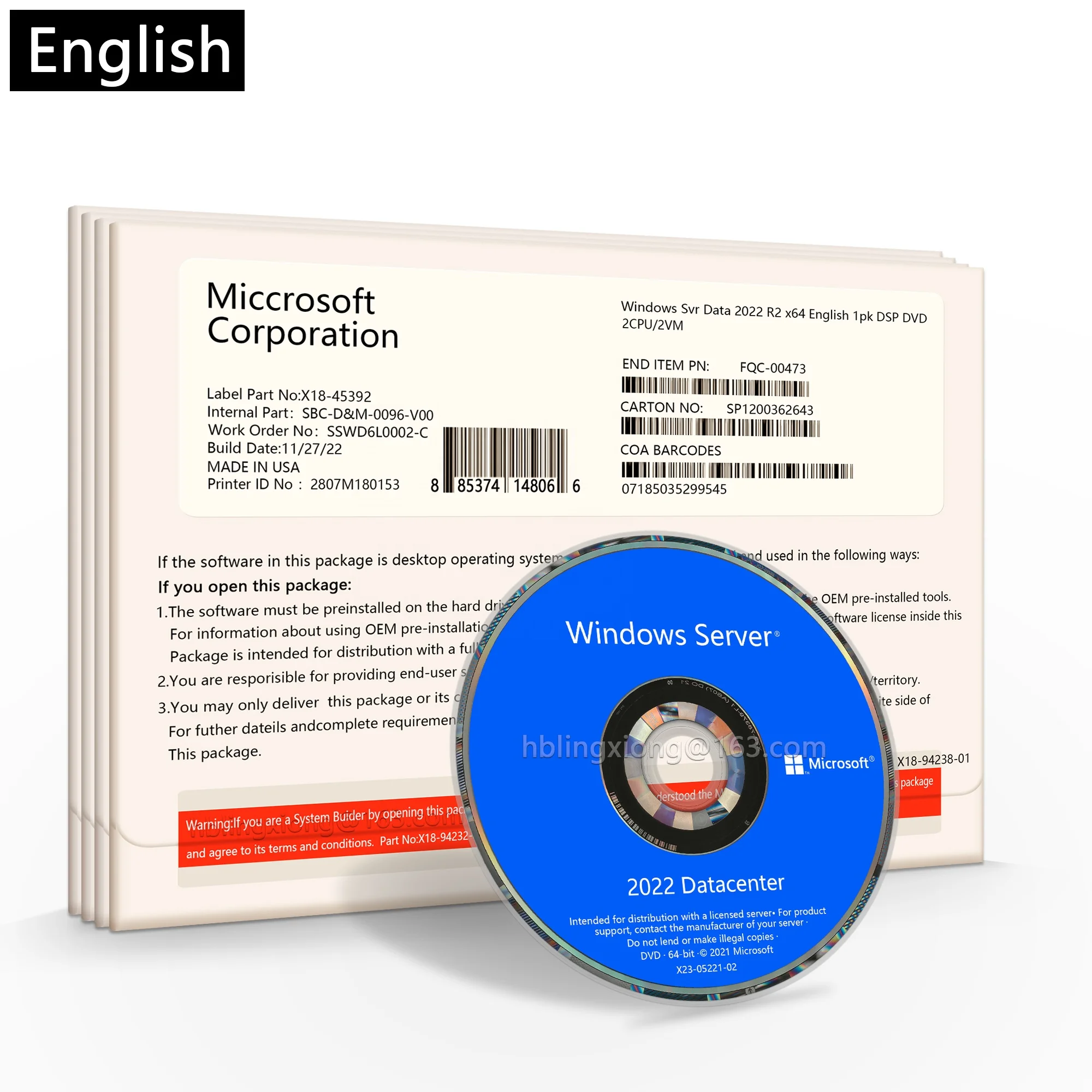 Оригинальный оригинальный операционный центр Windows Server 2022 розничный ключ 5cal OEM Полный комплект с DVD в Серверном операционном программном обеспечении