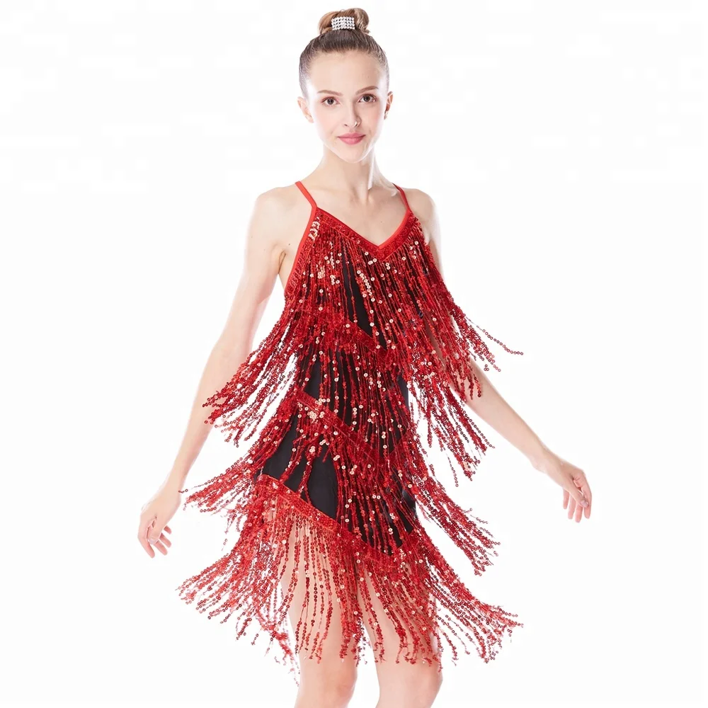 MiDee блестки бахрома лед катание на коньках представления костюмы латиноамериканских танцев платья красный и черный