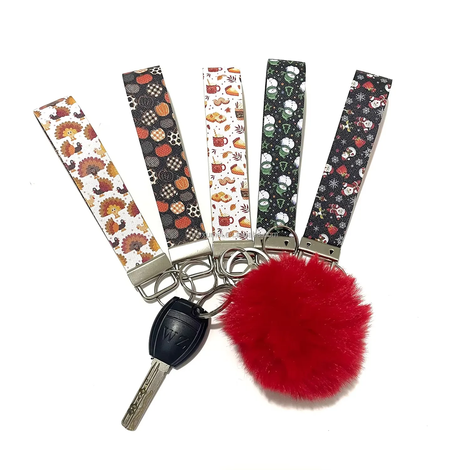 New Leather Wrist Strap Keychain Halloween and Christmas Pattern Self-Defense Key Chain Accessories