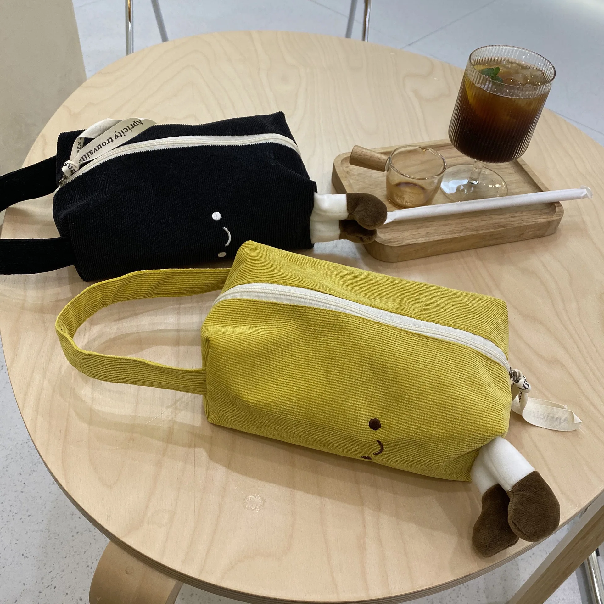 Soft Cute Embroidered Corduroy Hand Carry Small Canvas Pencil Bag Three-Dimensional  Foot Cosmetic Bag Portable Hand Bag