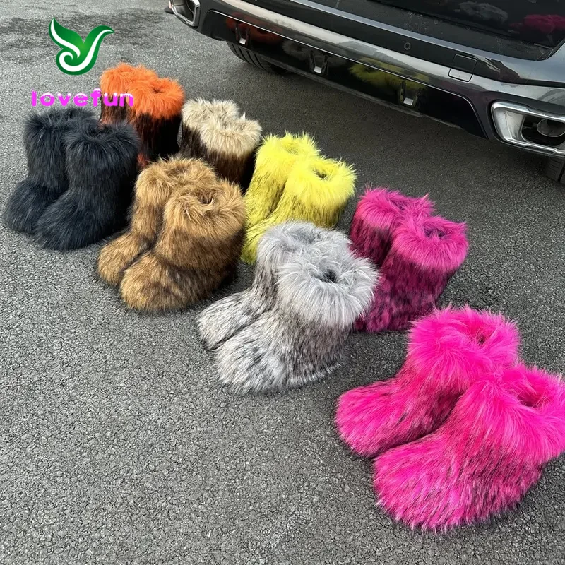 2024 Winter Women Plush Warm Snow Bootas Fluffy Faux Fox Fur Boots Luxury Footwear Furry Fur Boots