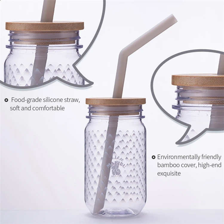 Portable customizable Food grade plastic mason jar drinking cup with Bamboo lid