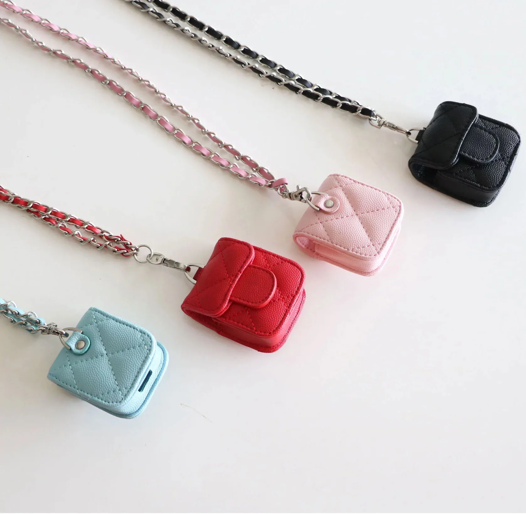 Portable earphone bag stitched PU leather mini lanyard bag case earphone sleeve for Airpods 1 2 pro