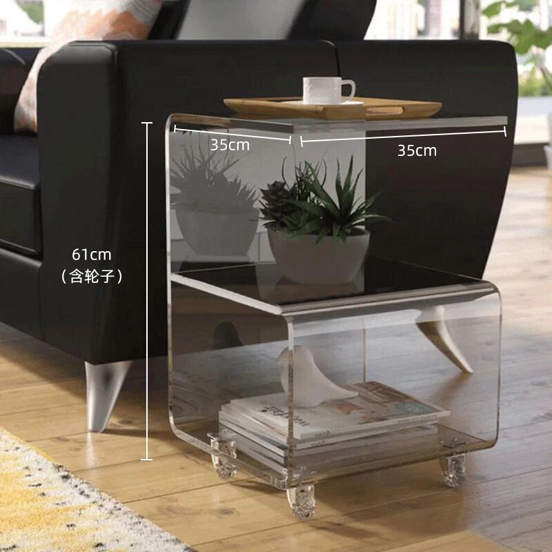 Modern Simple G Shaped Clear Furniture Acrylic Sofa Side Coffee Table on Wheel