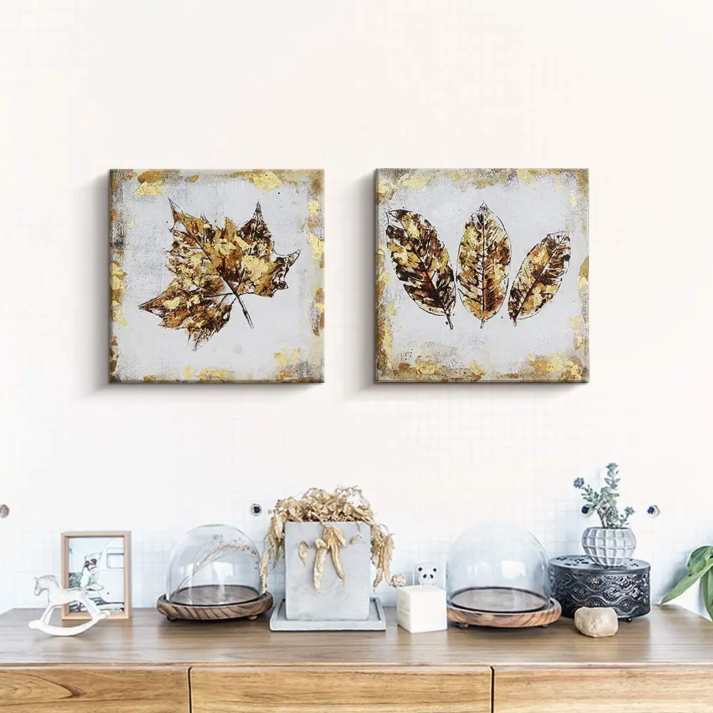 Gold Leaf Paintings Handmade Abstract Canvas Wall Art Set for Livingroom wall