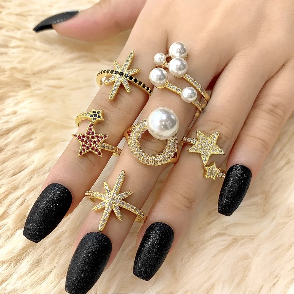 2021 Gold Plated Stacking Rings Set For Women Vintage Boho CZ Knuckle Diamond Pearl Ring Set Wholesale